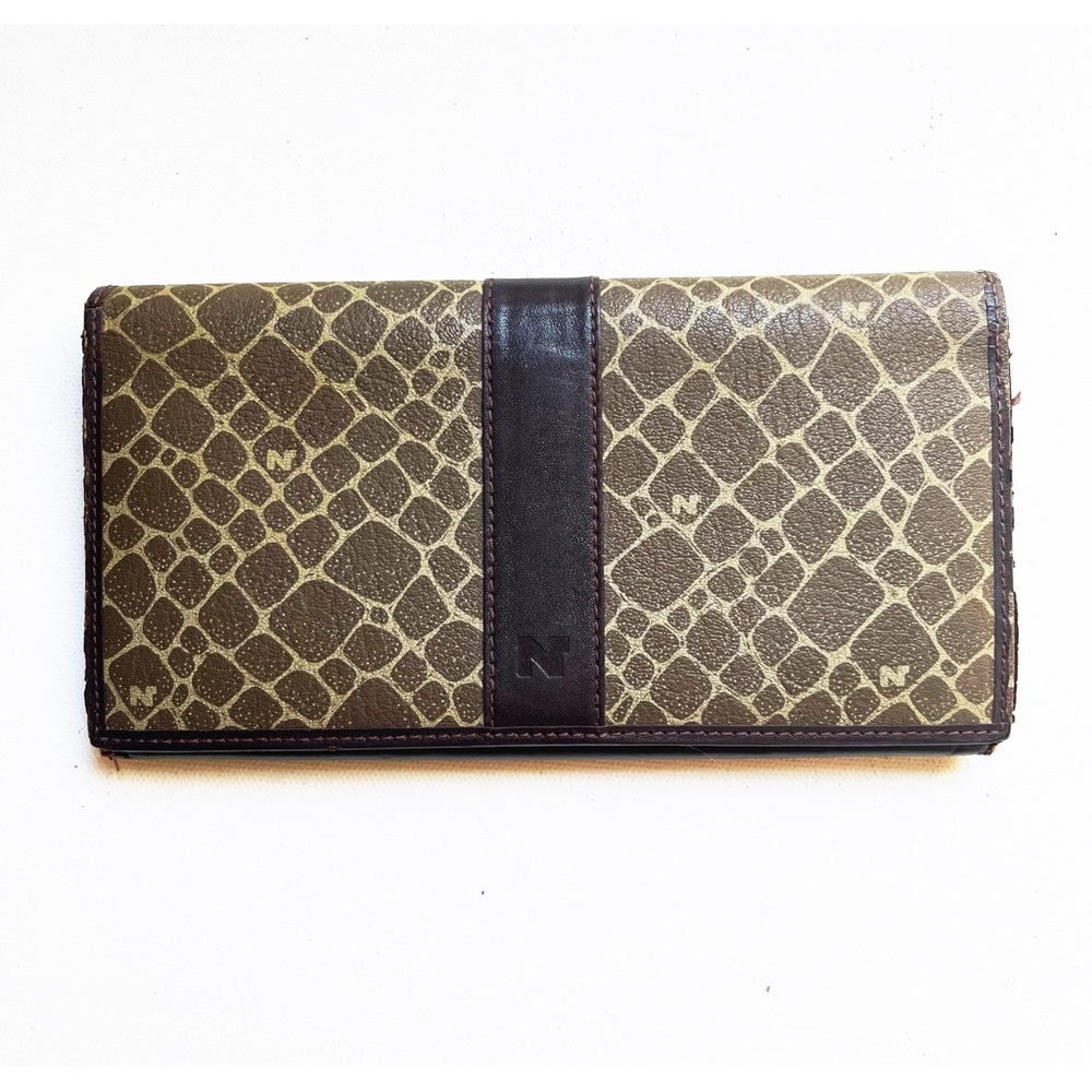 Nina Ricci Brown Leather Printed Long Wallet Kiss Lock Cards ID Holder